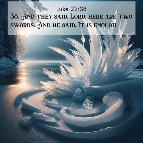 BBE Gospel of Luke 22:38 overlaying nature image scene: Winter ice forms abstract sculptures along a lake shore.;38. And they said, Lord, here are two swords. And he said, It is enough.

