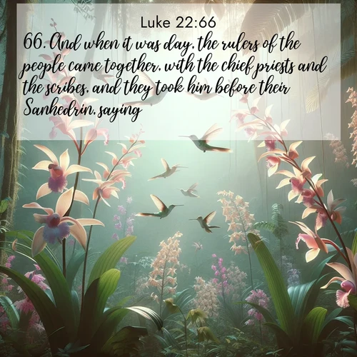 BBE Gospel of Luke 22:66 overlaying nature image scene: Wild orchids bloom in rainforest canopy. Hummingbirds dance between delicate petals.;66. And when it was day, the rulers of the people came together, with the chief priests and the scribes, and they took him before their Sanhedrin, saying,
