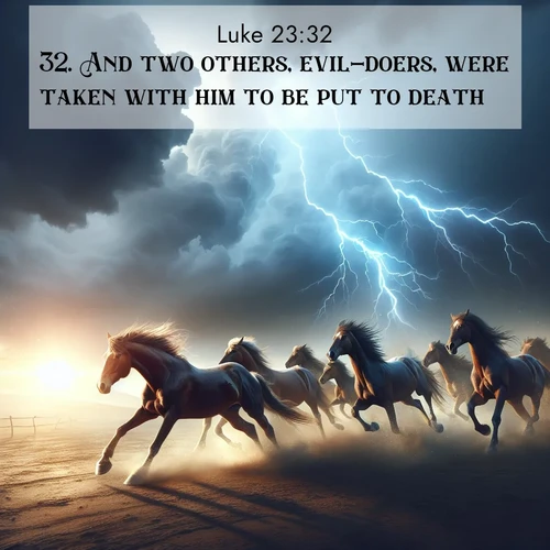 BasicEnglish Gospel of Luke  ; image nature: image with the bible verse :And two others, evil-doers, were taken with him to be put to death. ; Explore an exceptional collection of Bible verse images accompanied by photos of nature, showcasing snowy mountains, serene forests, and still lakes. These images feature luminous tones and varied fonts to bring serenity and inspiration. Share uplifting verses like KJV Gospel of Luke 23:32. Current verse is overlayed with the thematic nature scene : Wild horses race approaching storms. Lightning illuminates their power. ; 23:32