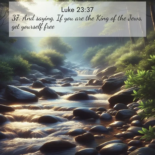 BasicEnglish Gospel of Luke  ; image nature: image with the bible verse :And saying, If you are the King of the Jews, get yourself free. ; Discover a rich selection of Bible verse images illustrated by natural landscapes like tranquil beaches, golden fields, and majestic trees. These images aim to capture the peace and beauty of God&#039;s creation, with vibrant colors and varied typography. Download and share inspiring verses like KJV Gospel of Luke 23:37. Current verse is overlayed with the thematic nature scene : A mountain stream tumbles over smooth rocks between banks of mountain laurel. ; 23:37