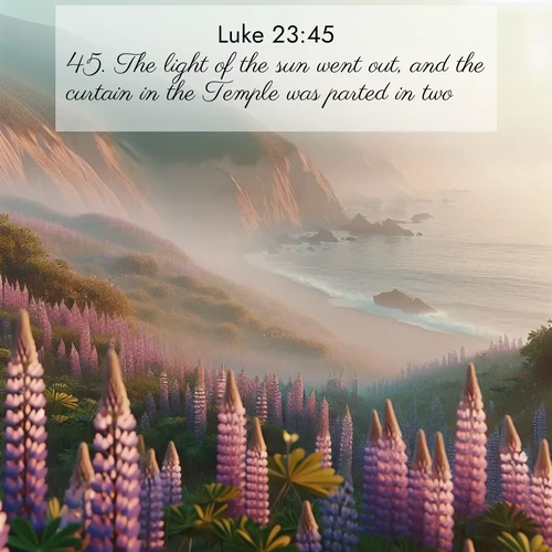 BasicEnglish Gospel of Luke  ; image nature: image with the bible verse :The light of the sun went out, and the curtain in the Temple was parted in two. ; Admire Bible images representing autumn, with swirling leaves, misty skies, and vibrant trees. These images inspire profound spiritual reflection. Download and share verses like KJV Gospel of Luke 23:45. Current verse is overlayed with the thematic nature scene : Wild lupines carpet coastal bluffs. Pacific fog rolls in like smoke. ; 23:45