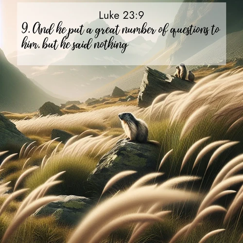 BasicEnglish Gospel of Luke  ; image nature: image with the bible verse :And he put a great number of questions to him, but he said nothing. ; Browse a vast collection of Bible verse images featuring awe-inspiring landscapes such as calm lakes, vibrant sunsets, and peaceful fields. Download them for free and enjoy verses like KJV Gospel of Luke 23:9. Current verse is overlayed with the thematic nature scene : Mountain meadow grasses bend in alpine wind. Marmots whistle warnings from rocky outcrops. ; 23:9