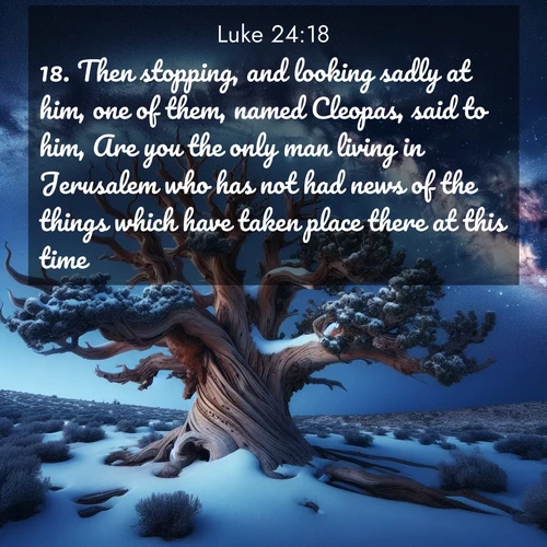 BBE Gospel of Luke 24:18 overlaying nature image scene: Ancient bristlecone pine twists against a navy twilight sky, its gnarled branches laden with fresh snow. The Milky Way arcs overhead in crystalline clarity.;18. Then stopping, and looking sadly at him, one of them, named Cleopas, said to him, Are you the only man living in Jerusalem who has not had news of the things which have taken place there at this time?