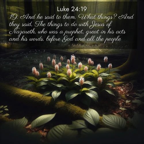 BBE Gospel of Luke 24:19 overlaying nature image scene: Wild ginger blooms hidden in forest shadows. Filtered sunlight reveals their secret beauty.;19. And he said to them, What things? And they said, The things to do with Jesus of Nazareth, who was a prophet, great in his acts and his words, before God and all the people: