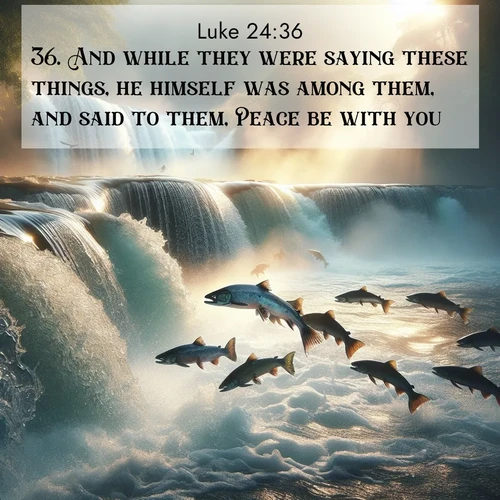 BBE Gospel of Luke 24:36 overlaying nature image scene: Wild salmon leap ancient waterfalls. Mist rises like spirits in morning light.;36. And while they were saying these things, he himself was among them, and said to them, Peace be with you!
