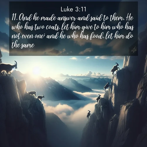 BBE Gospel of Luke 3:11 overlaying nature image scene: Mountain goats traverse sheer faces. Clouds part to reveal their path.;11. And he made answer and said to them, He who has two coats, let him give to him who has not even one; and he who has food, let him do the same.