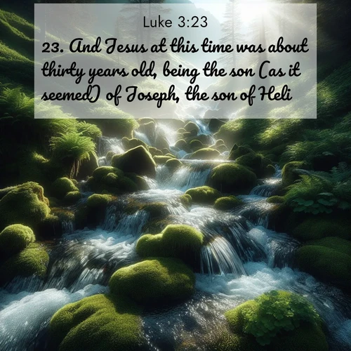 BBE Gospel of Luke 3:23 overlaying nature image scene: Mountain streams tumble through moss. Sunlight creates crystal prisms.;23. And Jesus at this time was about thirty years old, being the son (as it seemed) of Joseph, the son of Heli,