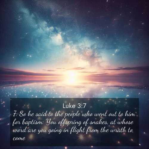 BBE Gospel of Luke 3:7 overlaying nature image scene: Stars reflect perfectly in the salt flats after rainfall. The horizon disappears in the mirror-like expanse.;7. So he said to the people who went out to him for baptism: You offspring of snakes, at whose word are you going in flight from the wrath to come?
