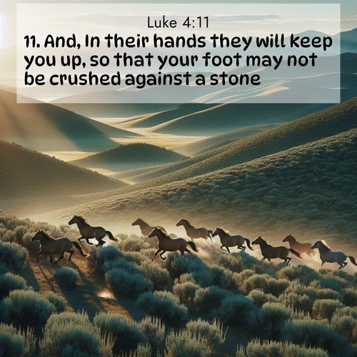 BBE Gospel of Luke 4:11 overlaying nature image scene: Wild mustangs gallop across sage-covered hills in the morning light.;11. And, In their hands they will keep you up, so that your foot may not be crushed against a stone.
