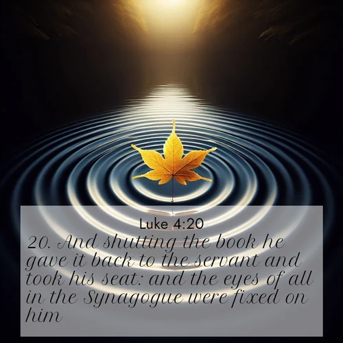 BBE Gospel of Luke 4:20 overlaying nature image scene: A single maple leaf floats on black water. Concentric ripples spread outward into infinity.;20. And shutting the book he gave it back to the servant and took his seat: and the eyes of all in the Synagogue were fixed on him.
