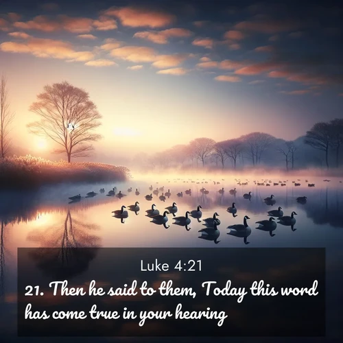 BBE Gospel of Luke 4:21 overlaying nature image scene: Wild geese rest on still waters. Dawn mist rises like dreams.;21. Then he said to them, Today this word has come true in your hearing.