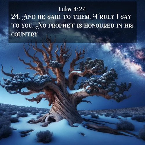BBE Gospel of Luke 4:24 overlaying nature image scene: Ancient bristlecone pine twists against a navy twilight sky, its gnarled branches laden with fresh snow. The Milky Way arcs overhead in crystalline clarity.;24. And he said to them, Truly I say to you, No prophet is honoured in his country.