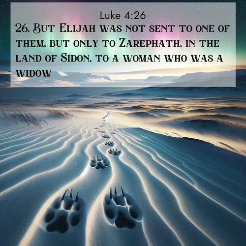 BBE Gospel of Luke 4:26 overlaying nature image scene: Arctic fox tracks cross windswept tundra. Northern lights pulse overhead in cosmic rhythm.;26. But Elijah was not sent to one of them, but only to Zarephath, in the land of Sidon, to a woman who was a widow.