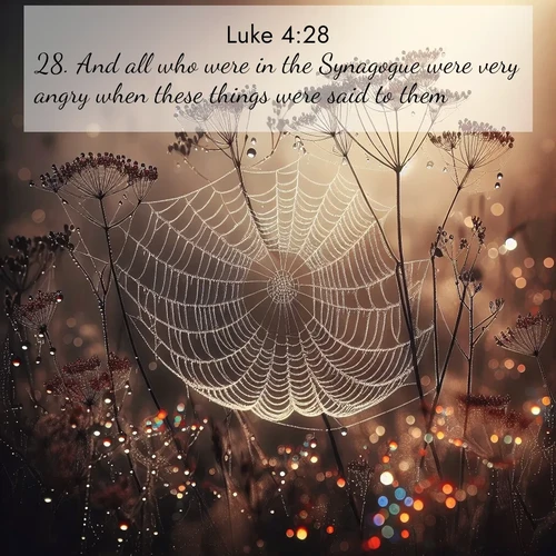 BBE Gospel of Luke 4:28 overlaying nature image scene: Morning fog reveals spider galaxies. Dew drops capture rainbow light.;28. And all who were in the Synagogue were very angry when these things were said to them.