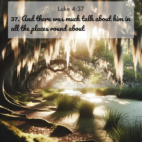BBE Gospel of Luke 4:37 overlaying nature image scene: Summer afternoon light filters through Spanish moss in a bayou.;37. And there was much talk about him in all the places round about.