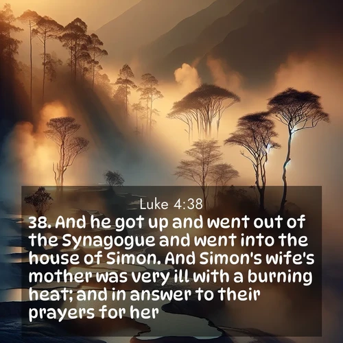 BBE Gospel of Luke 4:38 overlaying nature image scene: Morning mist rises from thermal pools. Steam dragons dance in golden light.;38. And he got up and went out of the Synagogue and went into the house of Simon. And Simon's wife's mother was very ill with a burning heat; and in answer to their prayers for her