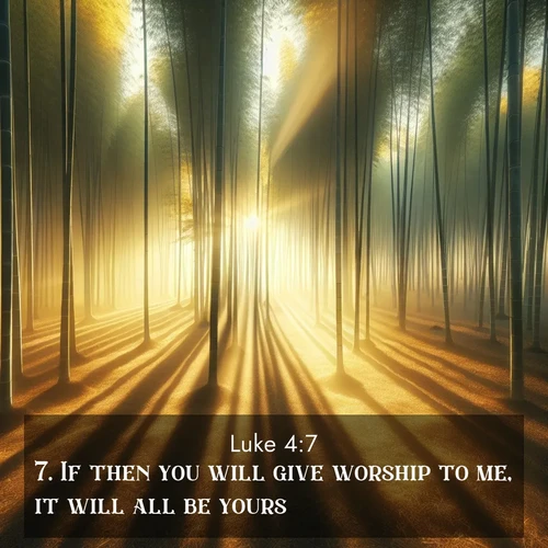 BBE Gospel of Luke 4:7 overlaying nature image scene: Morning mist parts to reveal a pristine bamboo grove. Golden light filters through the stems, casting striped shadows.;7. If then you will give worship to me, it will all be yours.