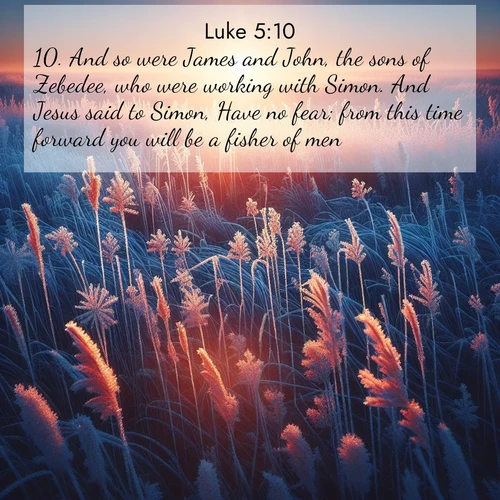BBE Gospel of Luke 5:10 overlaying nature image scene: Winter sunrise illuminates frost-covered prairie grass.;10. And so were James and John, the sons of Zebedee, who were working with Simon. And Jesus said to Simon, Have no fear; from this time forward you will be a fisher of men.