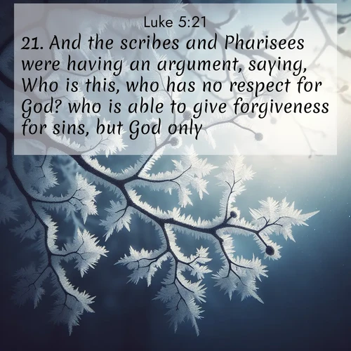 BasicEnglish Gospel of Luke  ; image nature: image with the bible verse :And the scribes and Pharisees were having an argument, saying, Who is this, who has no respect for God? who is able to give forgiveness for sins, but God only? ; Dive into our collection of Bible verse images beautifully illustrated with beach photos, featuring gentle waves, sunsets over the sea, and sandy shores. These scenes evoke the peace and majesty of God. Download and share inspiring verses like KJV Gospel of Luke 5:21. Current verse is overlayed with the thematic nature scene : Winter frost coats bare branches in delicate crystal. ; 5:21