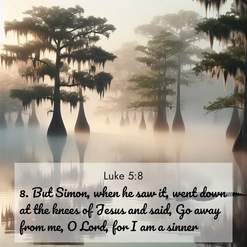 BBE Gospel of Luke 5:8 overlaying nature image scene: Morning fog clings to gnarled cypress trees in the swamp. An alligator glides silently through the dark water.;8. But Simon, when he saw it, went down at the knees of Jesus and said, Go away from me, O Lord, for I am a sinner.