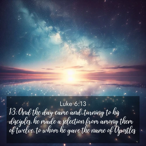BBE Gospel of Luke 6:13 overlaying nature image scene: Stars reflect perfectly in the salt flats after rainfall. The horizon disappears in the mirror-like expanse.;13. And the day came and, turning to his disciples, he made a selection from among them of twelve, to whom he gave the name of Apostles;