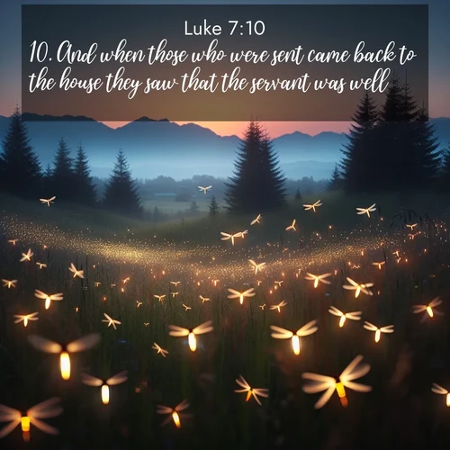 BBE Gospel of Luke 7:10 overlaying nature image scene: Lightning bugs rise from summer meadows at dusk. Their lights dance like earthbound stars.;10. And when those who were sent came back to the house they saw that the servant was well.