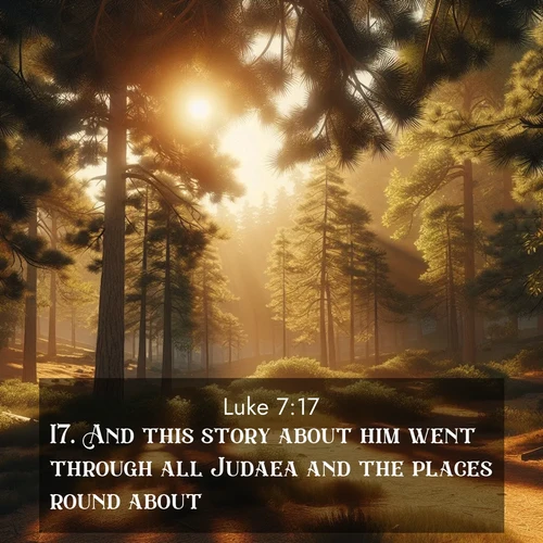 BBE Gospel of Luke 7:17 overlaying nature image scene: Summer heat brings out the scent of pine needles.;17. And this story about him went through all Judaea and the places round about.