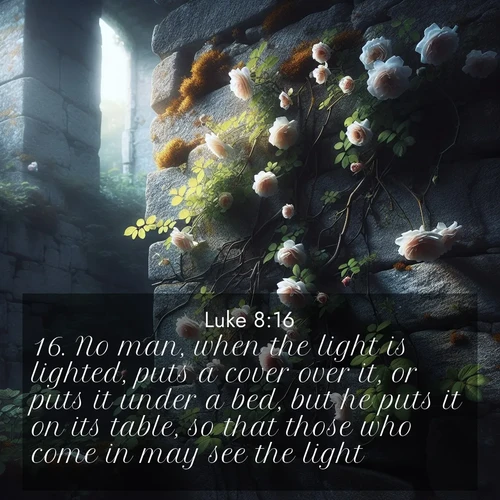 BasicEnglish Gospel of Luke  ; image nature: image with the bible verse :No man, when the light is lighted, puts a cover over it, or puts it under a bed, but he puts it on its table, so that those who come in may see the light. ; Explore winter-themed Bible verse images illustrated by snowy mountains, frost-covered branches, and clear skies. These landscapes reflect divine purity and peace. Download verses like KJV Gospel of Luke 8:16. Current verse is overlayed with the thematic nature scene : Wild roses climb abandoned stone walls. Time stands still in the secret garden. ; 8:16