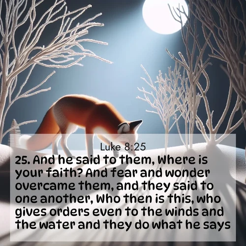 BasicEnglish Gospel of Luke  ; image nature: image with the bible verse :And he said to them, Where is your faith? And fear and wonder overcame them, and they said to one another, Who then is this, who gives orders even to the winds and the water and they do what he says? ; Admire our autumnal collection of Bible verse images accompanied by photos of paths lined with red and yellow leaves, fiery forests, and calm rivers. These images inspire reflection and serenity. Share verses like KJV Gospel of Luke 8:25. Current verse is overlayed with the thematic nature scene : A red fox hunts through pristine snow. Moon shadows dance between bare trees. ; 8:25