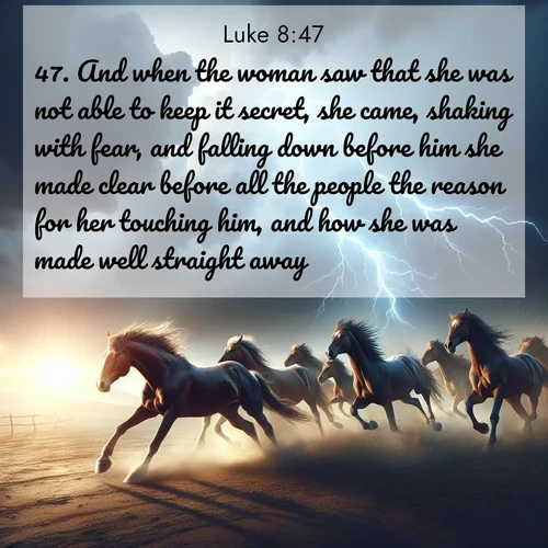 BasicEnglish Gospel of Luke  ; image nature: image with the bible verse :And when the woman saw that she was not able to keep it secret, she came, shaking with fear, and falling down before him she made clear before all the people the reason for her touching him, and how she was made well straight away. ; Browse Bible images illustrated by desert landscapes, with endless skies, golden dunes, and isolated palm trees. These images evoke the calm and grandeur of God&#039;s creation. Download inspiring verses like KJV Gospel of Luke 8:47. Current verse is overlayed with the thematic nature scene : Wild horses race approaching storms. Lightning illuminates their power. ; 8:47