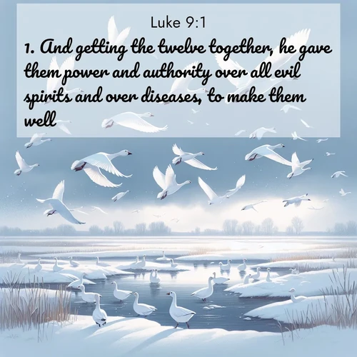 BBE Gospel of Luke 9:1 overlaying nature image scene: Snow geese take flight from a winter marsh. Their wings flash white against leaden skies.;1. And getting the twelve together, he gave them power and authority over all evil spirits and over diseases, to make them well.