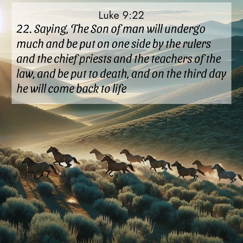 BasicEnglish Gospel of Luke  ; image nature: image with the bible verse :Saying, The Son of man will undergo much and be put on one side by the rulers and the chief priests and the teachers of the law, and be put to death, and on the third day he will come back to life. ; Explore Bible verse images highlighting the beauty of spring, with vibrant flowers, butterflies, and blossoming fruit trees. These scenes evoke divine hope and renewal. Download inspiring verses like KJV Gospel of Luke 9:22. Current verse is overlayed with the thematic nature scene : Wild mustangs gallop across sage-covered hills in the morning light. ; 9:22