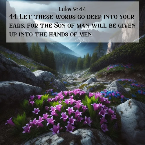 BBE Gospel of Luke 9:44 overlaying nature image scene: Alpine gentians bloom in rocky crevices. Summer storms gather above treeline.;44. Let these words go deep into your ears, for the Son of man will be given up into the hands of men.