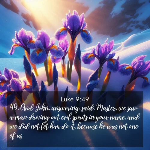 BBE Gospel of Luke 9:49 overlaying nature image scene: Wild iris blooms pierce through melting snow. Alpine sunlight ignites their petals.;49. And John, answering, said, Master, we saw a man driving out evil spirits in your name, and we did not let him do it, because he was not one of us.