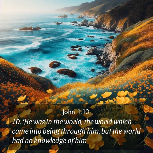 BBE Gospel of John 1:10 overlaying nature image scene: Wild mustard flowers carpet coastal cliffs. Pacific waves provide endless percussion below.;10. He was in the world, the world which came into being through him, but the world had no knowledge of him.