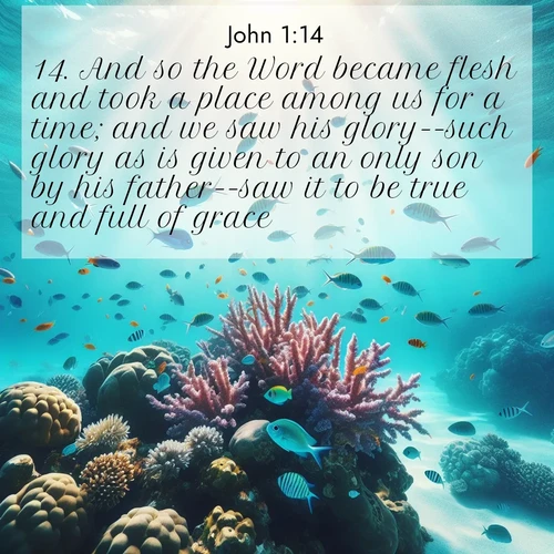 BBE Gospel of John 1:14 overlaying nature image scene: Tropical fish dart through coral reefs in crystal-clear waters.;14. And so the Word became flesh and took a place among us for a time; and we saw his glory--such glory as is given to an only son by his father--saw it to be true and full of grace.