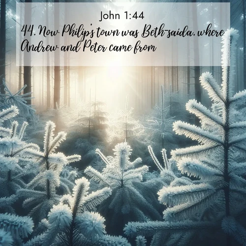 BBE Gospel of John 1:44 overlaying nature image scene: Morning frost rimes every pine needle. Weak winter sun struggles to pierce the forest.;44. Now Philip's town was Beth-saida, where Andrew and Peter came from.