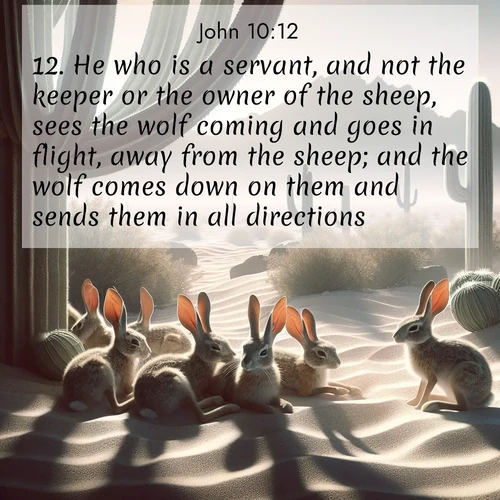 BBE Gospel of John 10:12 overlaying nature image scene: Desert jackrabbits rest in cactus shade. Heat waves distort distant peaks.;12. He who is a servant, and not the keeper or the owner of the sheep, sees the wolf coming and goes in flight, away from the sheep; and the wolf comes down on them and sends them in all directions:
