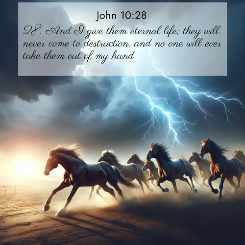BBE Gospel of John 10:28 overlaying nature image scene: Wild horses race approaching storms. Lightning illuminates their power.;28. And I give them eternal life; they will never come to destruction, and no one will ever take them out of my hand.