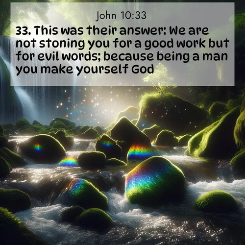 BBE Gospel of John 10:33 overlaying nature image scene: Rainbow prisms dance in a waterfall's spray. Moss glows emerald in filtered light.;33. This was their answer: We are not stoning you for a good work but for evil words; because being a man you make yourself God.