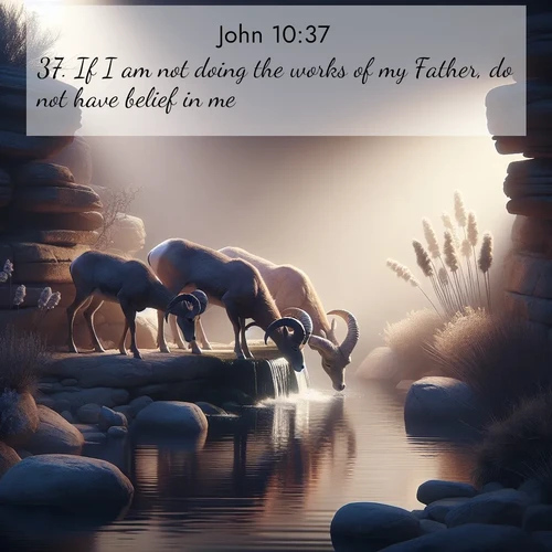 BBE Gospel of John 10:37 overlaying nature image scene: Desert bighorns drink from hidden springs. Time flows like water through stone.;37. If I am not doing the works of my Father, do not have belief in me;