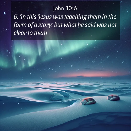 BBE Gospel of John 10:6 overlaying nature image scene: Northern lights dance across the frozen tundra in ribbons of green and purple. Snow falls silently on sleeping arctic foxes.;6. In this Jesus was teaching them in the form of a story: but what he said was not clear to them.