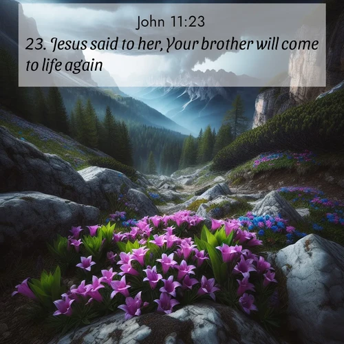 BBE Gospel of John 11:23 overlaying nature image scene: Alpine gentians bloom in rocky crevices. Summer storms gather above treeline.;23. Jesus said to her, Your brother will come to life again.
