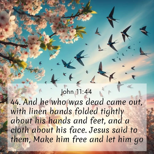 BasicEnglish Gospel of John  ; image nature: image with the bible verse :And he who was dead came out, with linen bands folded tightly about his hands and feet, and a cloth about his face. Jesus said to them, Make him free and let him go. ; Discover inspiring Bible verse images featuring natural wonders like lush forests, sunny horizons, and cascading waterfalls. Perfect for wallpapers or spiritual encouragement. Download verses like KJV Gospel of John 11:44. Current verse is overlayed with the thematic nature scene : Spring migration fills the sky with countless swallows. ; 11:44