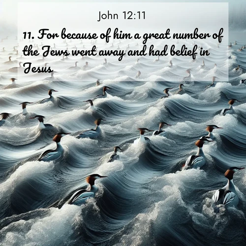BasicEnglish Gospel of John  ; image nature: image with the bible verse :For because of him a great number of the Jews went away and had belief in Jesus. ; Explore our vast collection of images featuring beautifully illustrated Bible verses accompanied by nature photos. Discover inspiring and motivating verses paired with soothing landscapes, like shimmering lakes, majestic mountains, and lush forests. Our images highlight the peaceful beauty of God&#039;s creation with vibrant colors and varied fonts. Download and share verse images like KJV Gospel of John 12:11. Current verse is overlayed with the thematic nature scene : Wild mergansers ride river rapids. Their wakes create endless patterns. ; 12:11