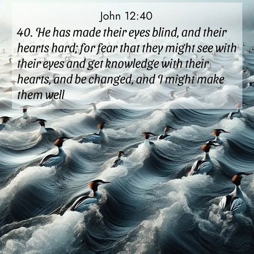 BBE Gospel of John 12:40 overlaying nature image scene: Wild mergansers ride river rapids. Their wakes create endless patterns.;40. He has made their eyes blind, and their hearts hard; for fear that they might see with their eyes and get knowledge with their hearts, and be changed, and I might make them well.