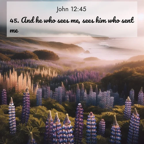 BasicEnglish Gospel of John  ; image nature: image with the bible verse :And he who sees me, sees him who sent me. ; Dive into our collection of Bible verses paired with breathtaking desert landscapes, featuring infinite dunes, shaded oases, and desert sunsets. These images highlight the majestic grandeur of God&#039;s creation. Download and share verses like KJV Gospel of John 12:45. Current verse is overlayed with the thematic nature scene : Wild lupines carpet a coastal meadow. Ocean fog rolls in on silent feet. ; 12:45