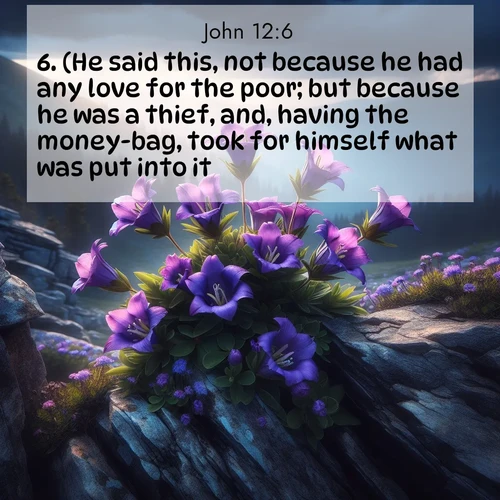 BasicEnglish Gospel of John  ; image nature: image with the bible verse :(He said this, not because he had any love for the poor; but because he was a thief, and, having the money-bag, took for himself what was put into it.) ; Explore serene Bible verse images adorned with photos of divine creation—tranquil beaches, snowy mountains, and starry skies. Each image is free to download and share. Verses include KJV Gospel of John 12:6. Current verse is overlayed with the thematic nature scene : Wild gentians bloom in rocky cracks. Summer storms gather above treeline. ; 12:6