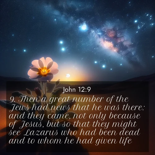 BasicEnglish Gospel of John  ; image nature: image with the bible verse :Then a great number of the Jews had news that he was there: and they came, not only because of Jesus, but so that they might see Lazarus who had been dead and to whom he had given life. ; Explore beautiful Bible verse images paired with serene natural settings, such as calm seas, snowy paths, and verdant hills. Each image is free to download for your spiritual inspiration. Share KJV Gospel of John 12:9. Current verse is overlayed with the thematic nature scene : Desert primrose opens to stars. Night wind carries sweet perfume. ; 12:9