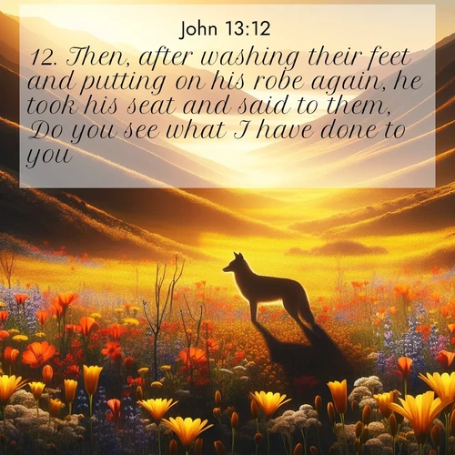 BasicEnglish Gospel of John  ; image nature: image with the bible verse :Then, after washing their feet and putting on his robe again, he took his seat and said to them, Do you see what I have done to you? ; Access a vast collection of Bible verse images illustrated with natural landscapes like calm rivers, blooming fields, and bright horizons. These images emphasize the serenity and splendor of God&#039;s creation, accompanied by aesthetic fonts and joyful colors. Download verses like KJV Gospel of John 13:12 and share them. Current verse is overlayed with the thematic nature scene : Spring wildflowers carpet Death Valley in gold. A coyote&#039;s silhouette melts into the blooms. ; 13:12